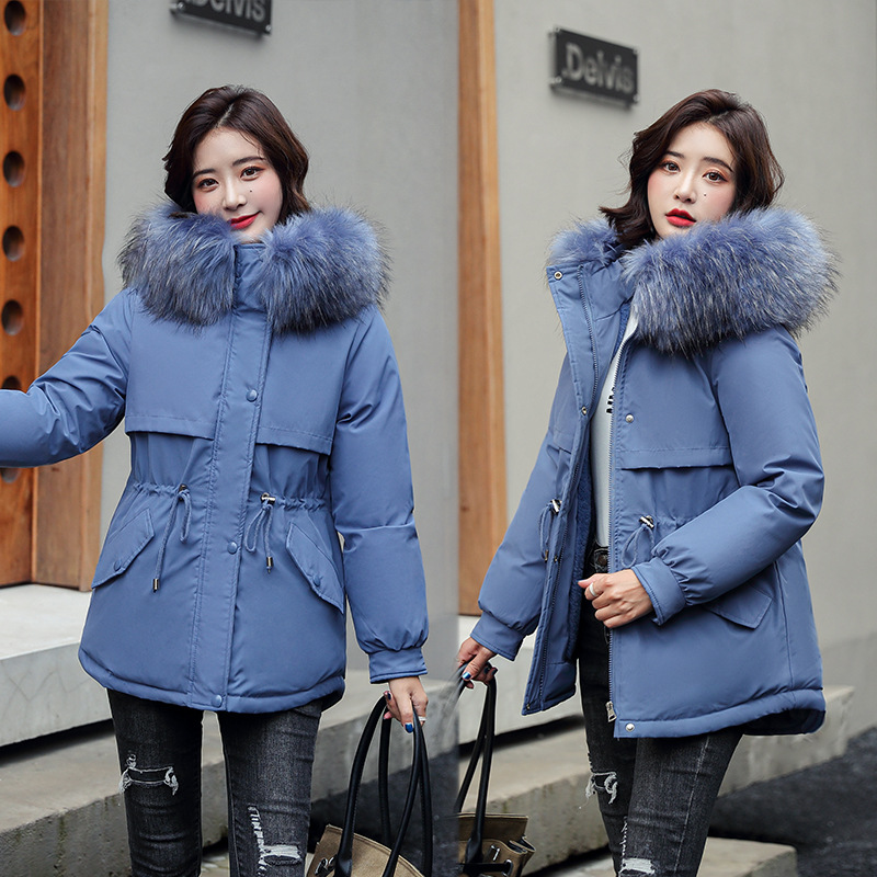 The 2021 new style of Paigao women's Korean-style waist-cinching and slimming down cotton-padded jacket with added fleece and thickened winter cotton-padded jacket details Picture