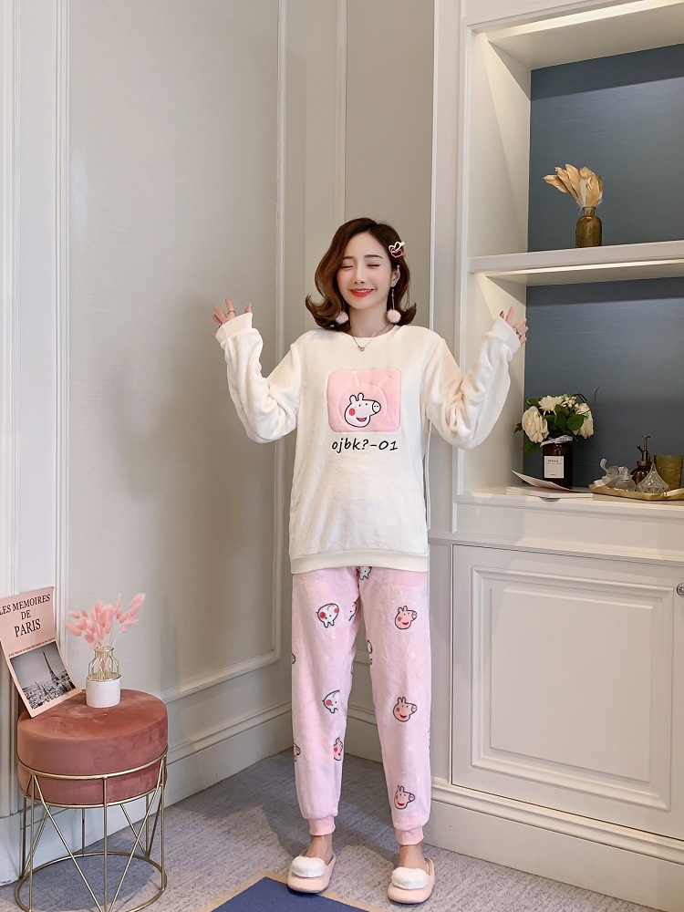 Coral velvet pajamas for women winter thickened with velvet home wear flannel winter warm two sets spring and autumn winter