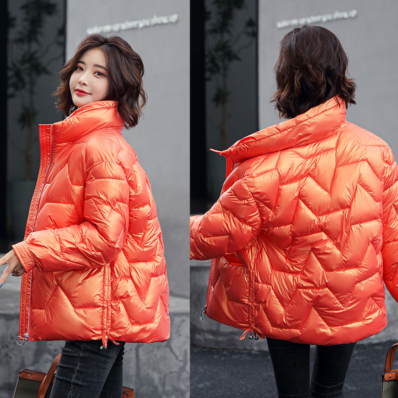 No-wash shiny cotton-padded jacket for women, 2021 winter new down cotton-padded jacket, short Korean-style stand-up collar, petite thickened coat details Picture