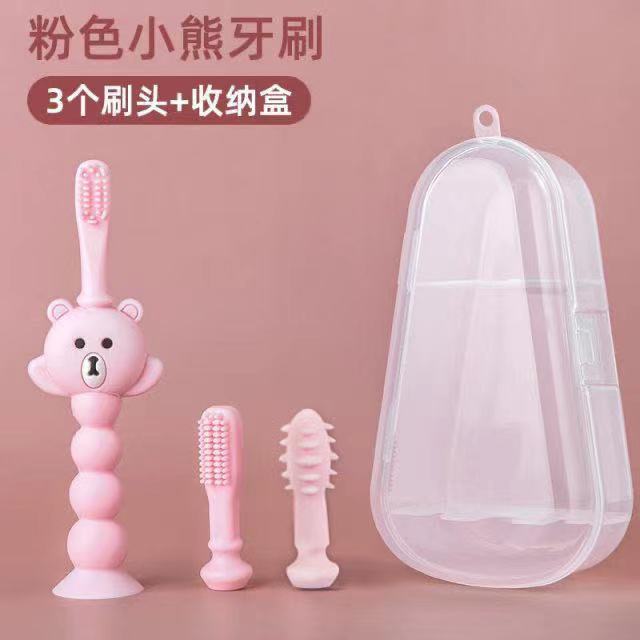 Baby silicone toothbrush, soft bristle toothbrush for infants and children 1-2-3 years old, baby training, baby teeth brush with storage box