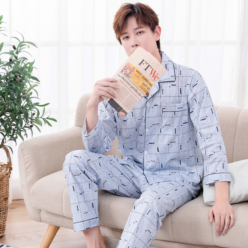 Amazon foreign trade middle-aged and elderly men's pajamas long-sleeved spring and autumn loose plus-size Dad summer home wear set details Picture