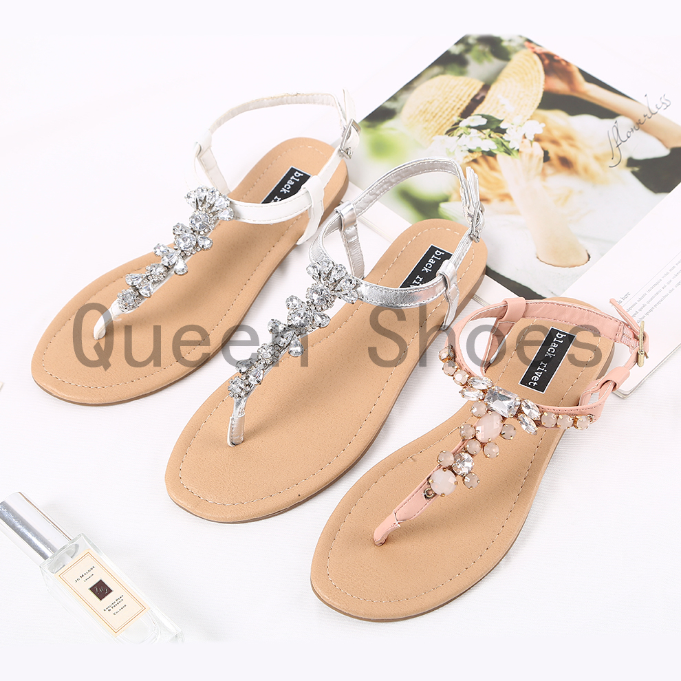 2022 Women's Fashion rhinestone sandals TPR Flat sandals with clamped feet breathable flat sandals