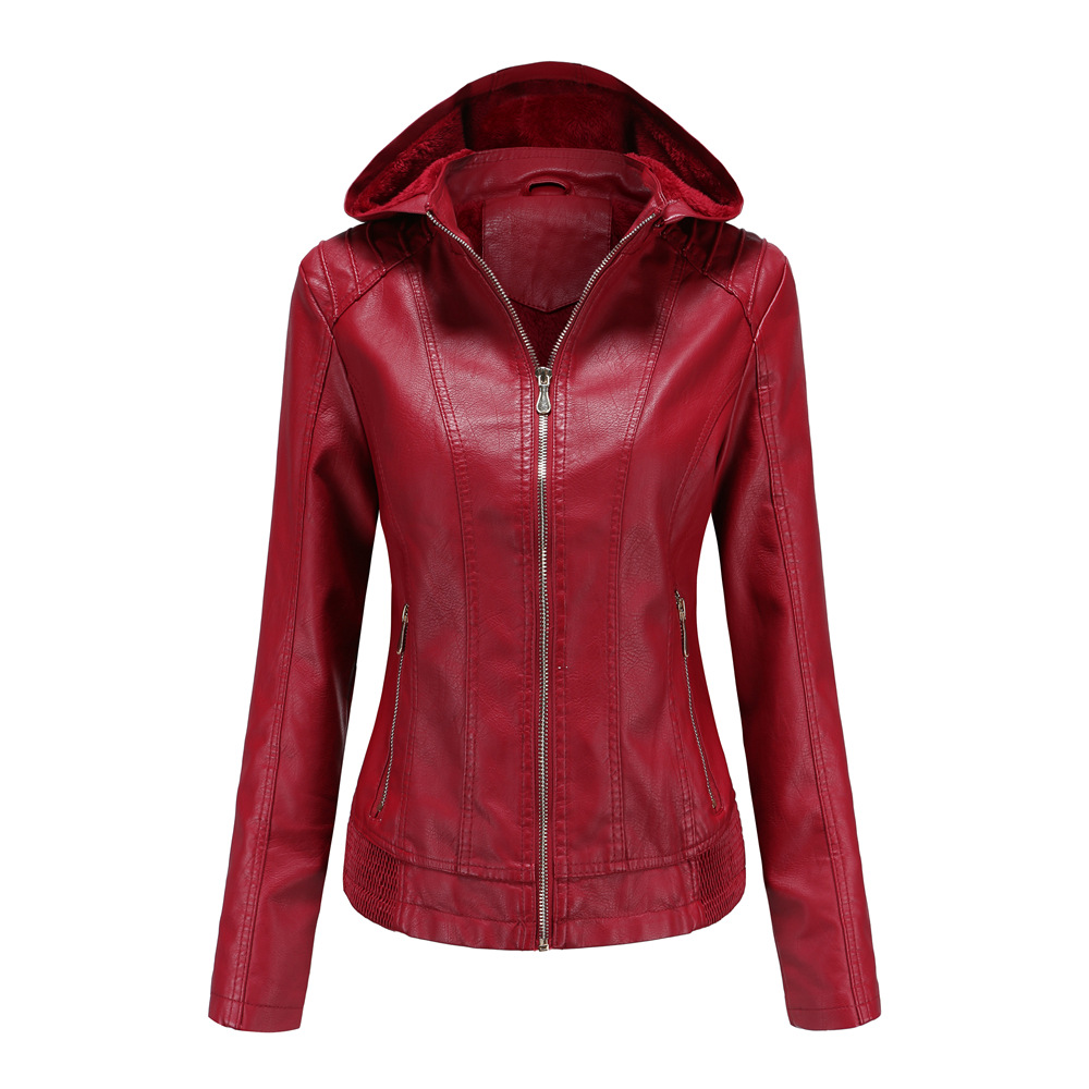 New cross-border autumn and winter women's detachable hooded leather jacket with fleece warmth jacket 6634 details Picture