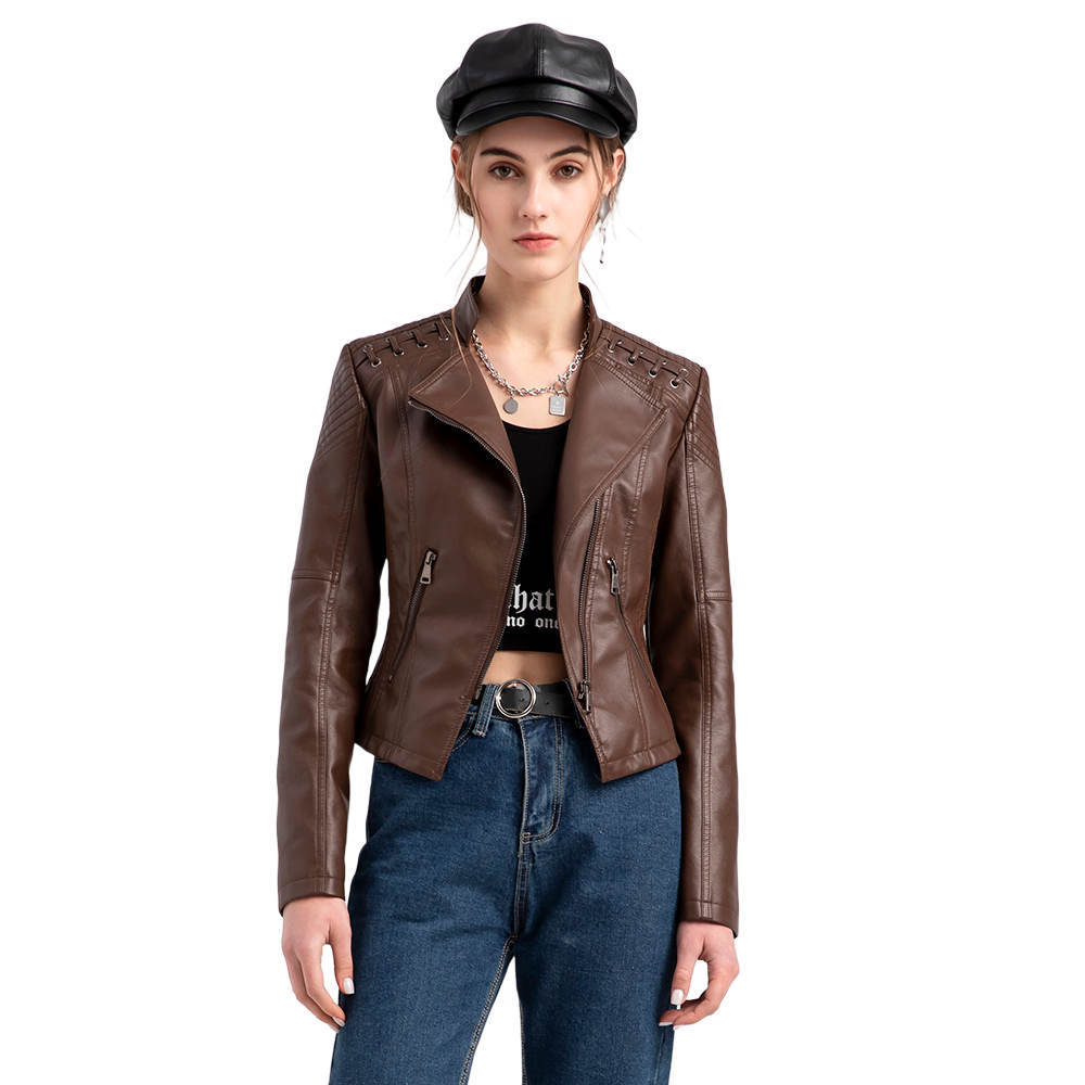 2021 Cross-border European-style new Spring and autumn women's leather jackets, women's short jackets, slim leather coats, and women's motorcycle suits Item Picture
