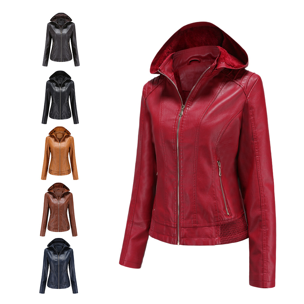 New cross-border autumn and winter women's detachable hooded leather jacket with fleece warmth jacket 6634