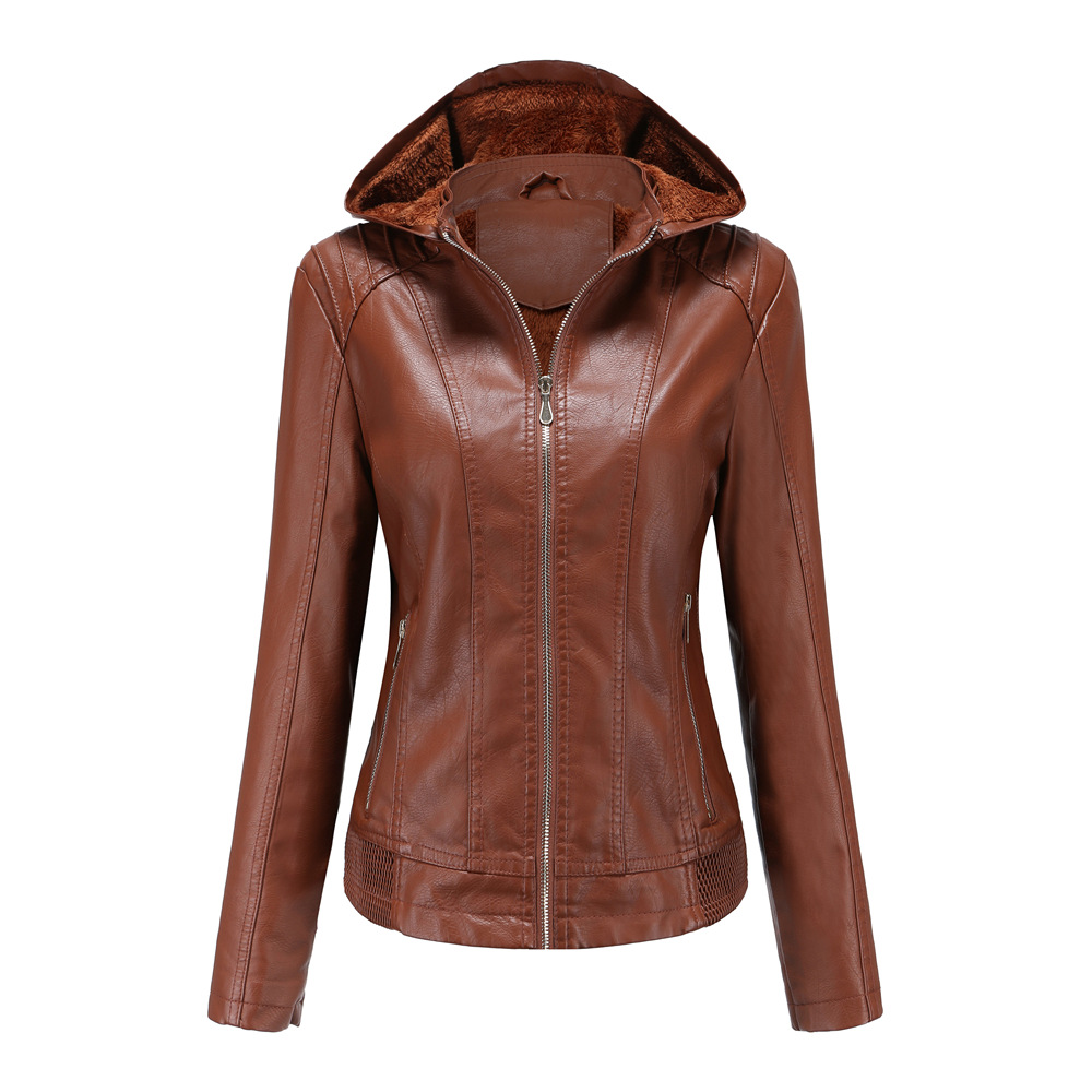 New cross-border autumn and winter women's detachable hooded leather jacket with fleece warmth jacket 6634 Specification image