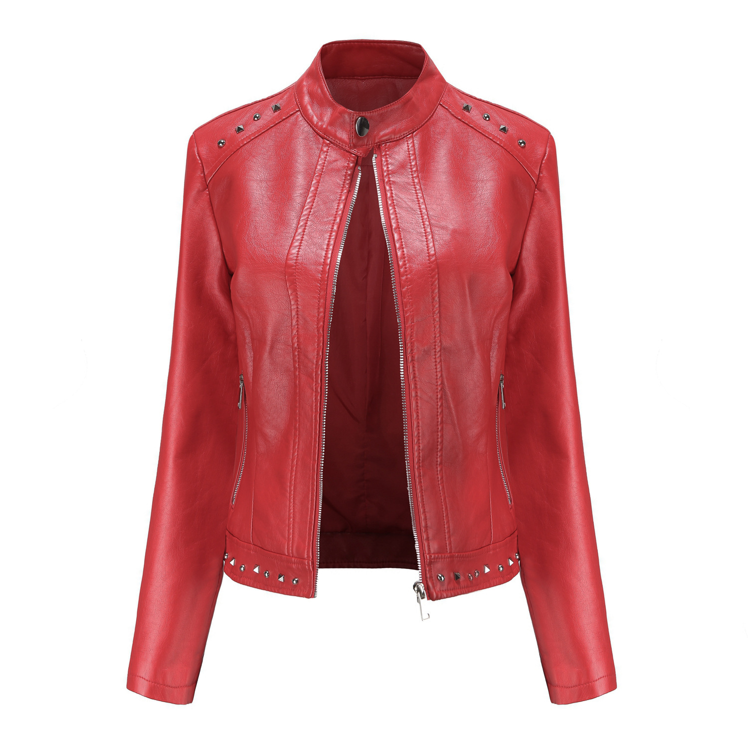 2021 New rivet fashion stand-up collar leather jacket for women S-5XL solid color casual jacket for women spring and autumn coat for women Specification image