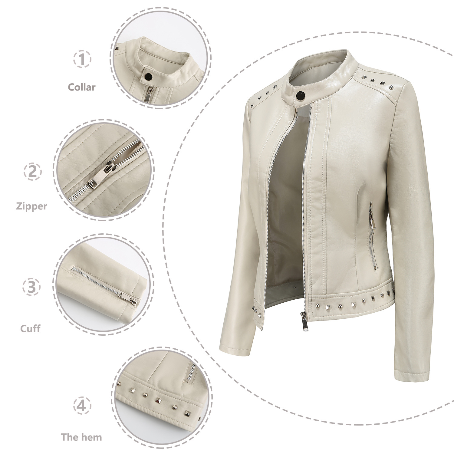 2021 New rivet fashion stand-up collar leather jacket for women S-5XL solid color casual jacket for women spring and autumn coat for women Application Scenario