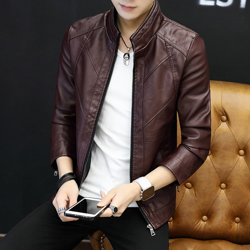 For the autumn and winter of 2021, men's PU leather jackets, thin Korean-style casual men's outerwear, stand-up collar, figure-hugging leather jackets, trendy young people details Picture