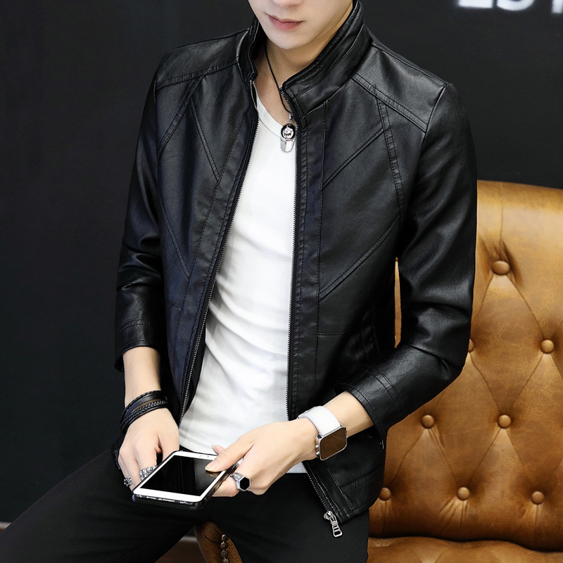 For the autumn and winter of 2021, men's PU leather jackets, thin Korean-style casual men's outerwear, stand-up collar, figure-hugging leather jackets, trendy young people