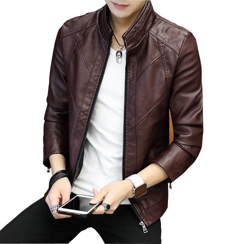 For the autumn and winter of 2021, men's PU leather jackets, thin Korean-style casual men's outerwear, stand-up collar, figure-hugging leather jackets, trendy young people Item Picture