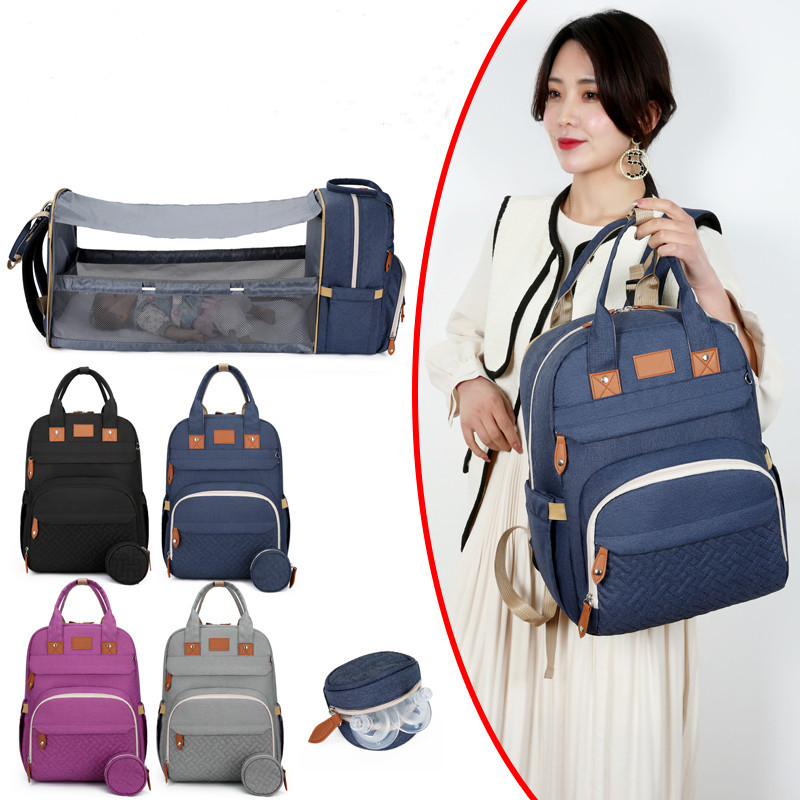 Factory direct sales: New multi-functional mummy bag, double-shoulder baby bed backpack, large-capacity waterproof bag with pacifier, embroidered thread