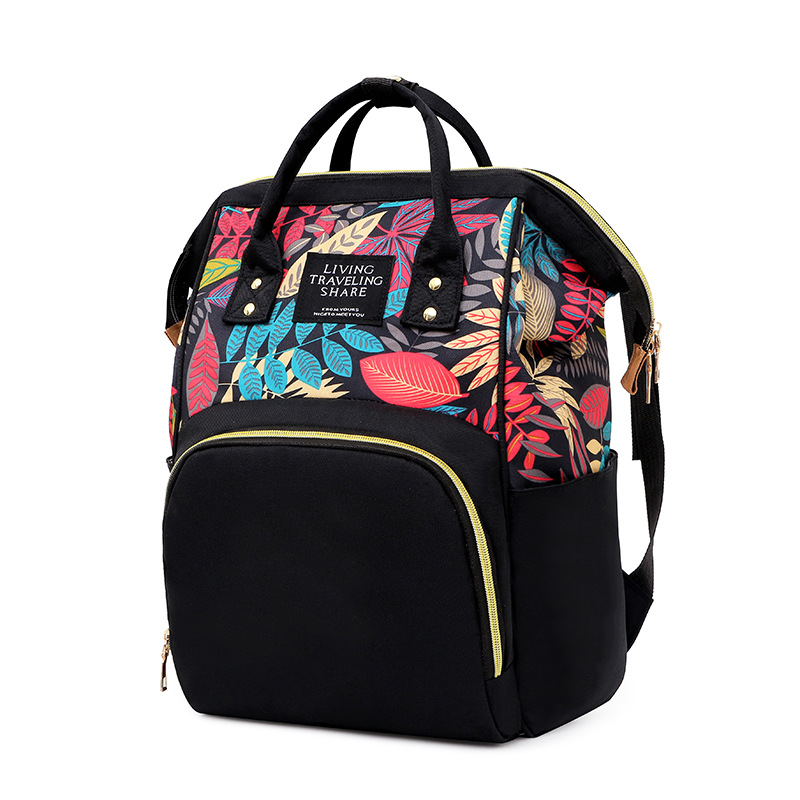 Multi-functional mommy bag, double-shoulder leaf pattern, silk material, waterproof, large capacity for going out, baby bottle, mother and baby bag, back zipper details Picture