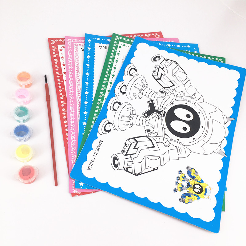 六连体水彩画水粉画批发 每包5副图配6色颜料1支刷子一元二元货源