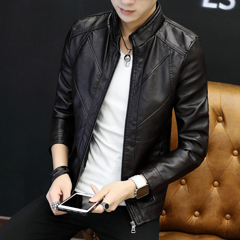 For the autumn and winter of 2021, men's PU leather jackets, thin Korean-style casual men's outerwear, stand-up collar, figure-hugging leather jackets, trendy young people Application Scenario