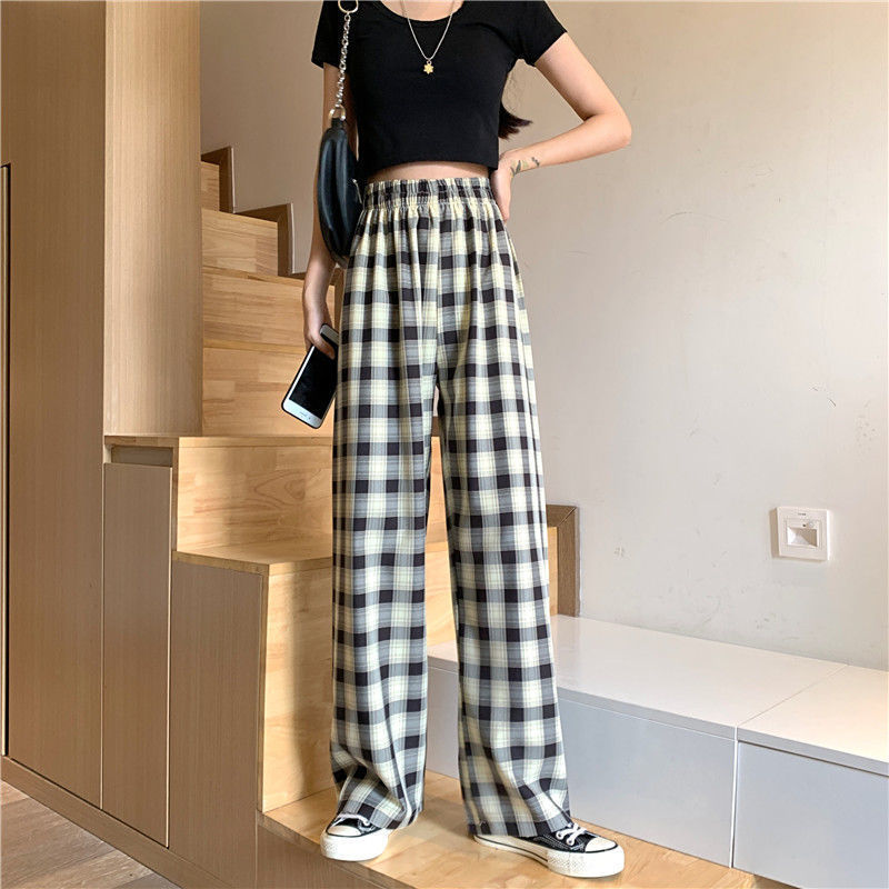 Plaid pants 2021 Spring/Summer high-waisted live-streaming bestseller: Loose, drape, straight-leg, slimming women's casual wide-leg pants details Picture