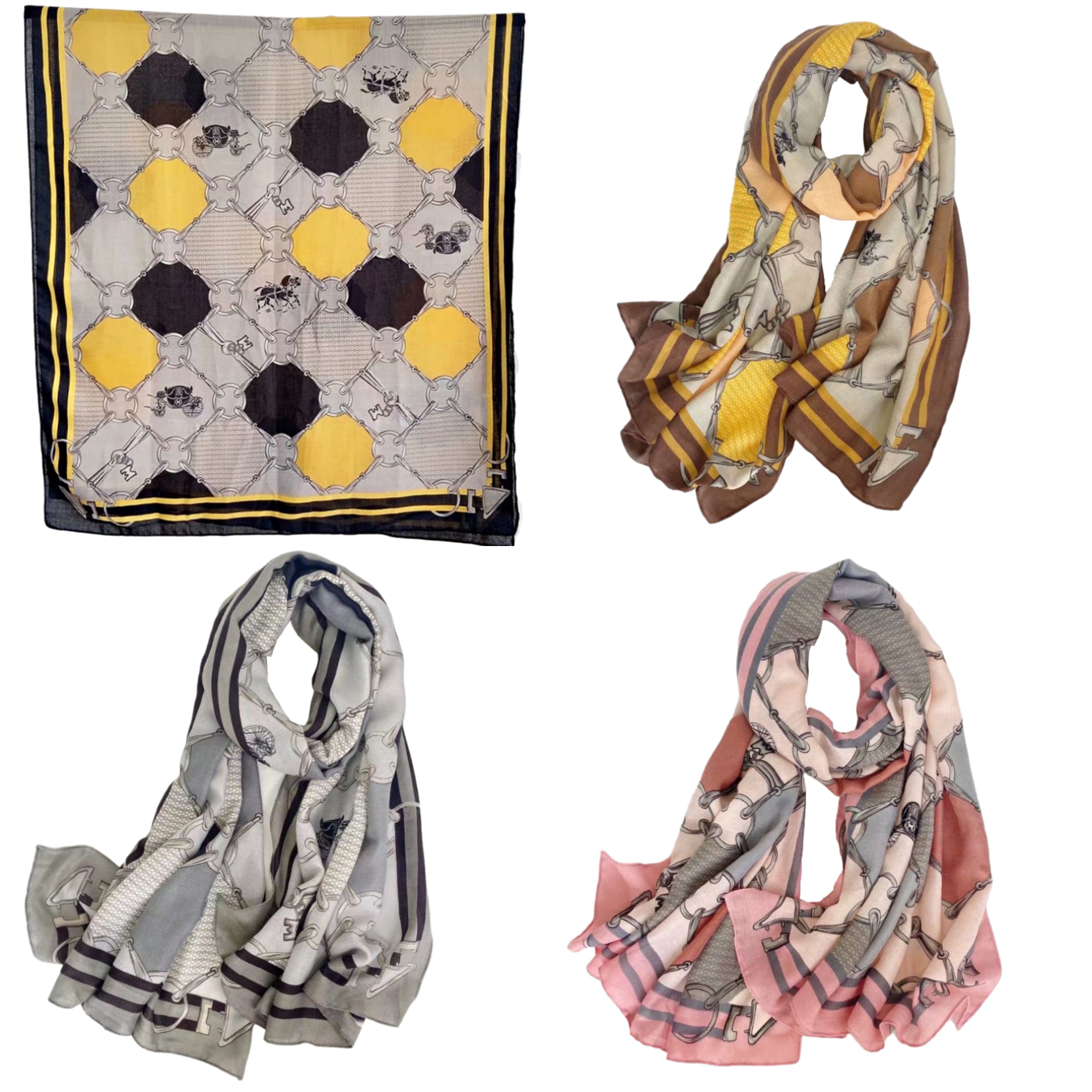 New cotton and linen scarf with carriage circle print, long style, women's warm silk scarf for autumn, winter and spring in stock