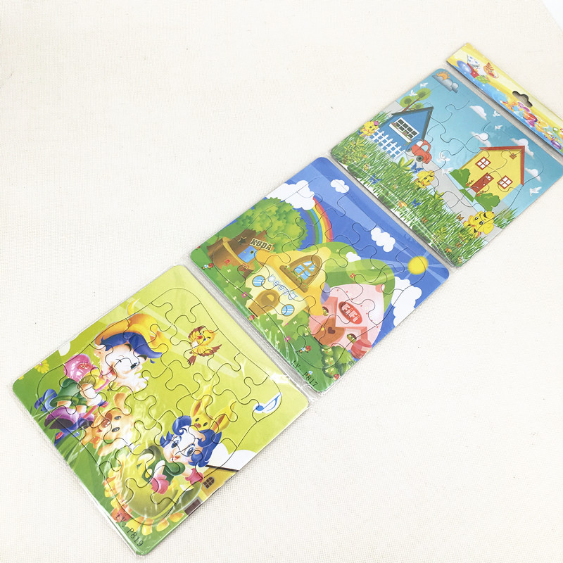 厂家直销20片14*14三片纸板拼图组合 拼板 配对益智玩具 卡通拼图