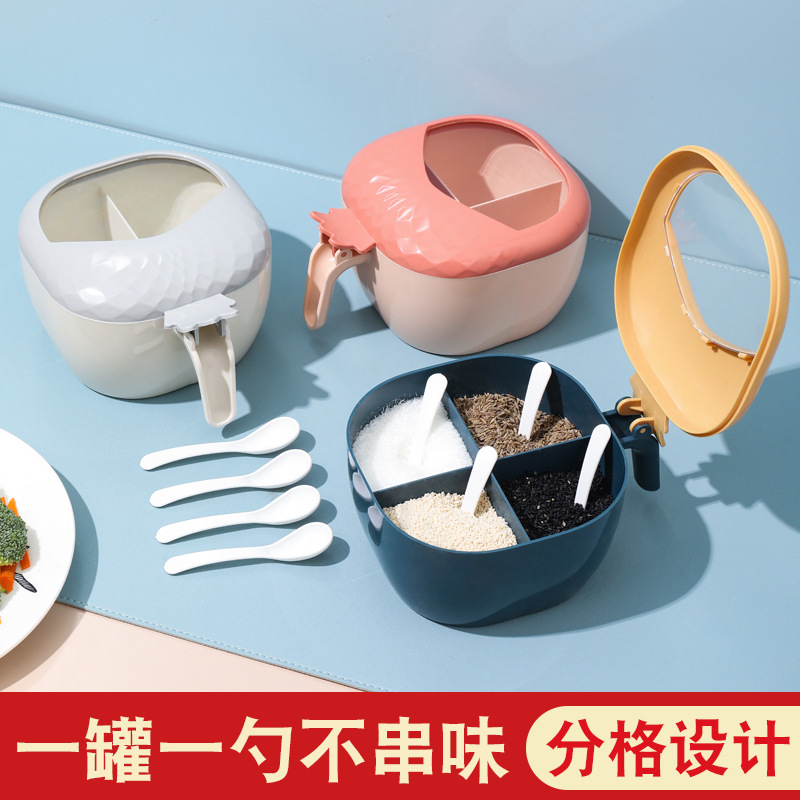 Plastic creative and simple four-compartment kitchen storage seasoning box with lid, multi-compartment set kitchenware details Picture