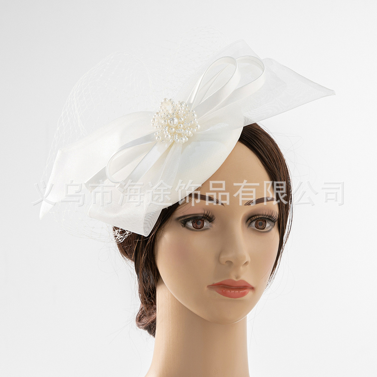 New cross-border white ribbon pearl lace linen hat bottom net gauze elegant headwear for banquets and parties, bride's hair accessory