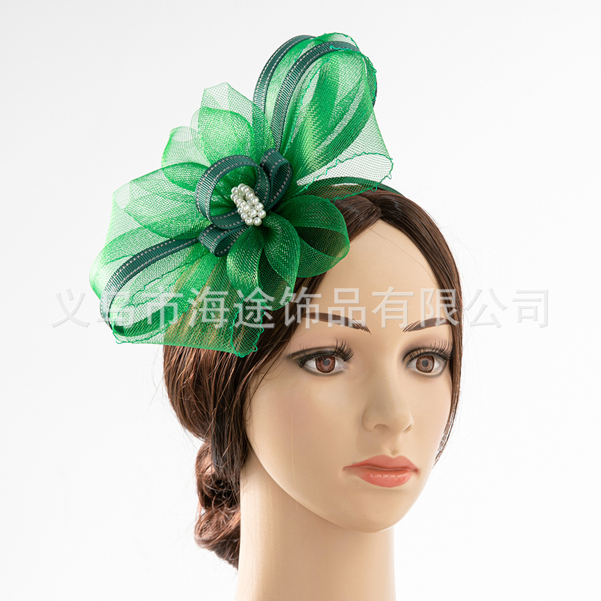 Europe and the United States popular green net yarn ribbon pearl top hat female ball dinner elegant temperament hair accessories small top hat female