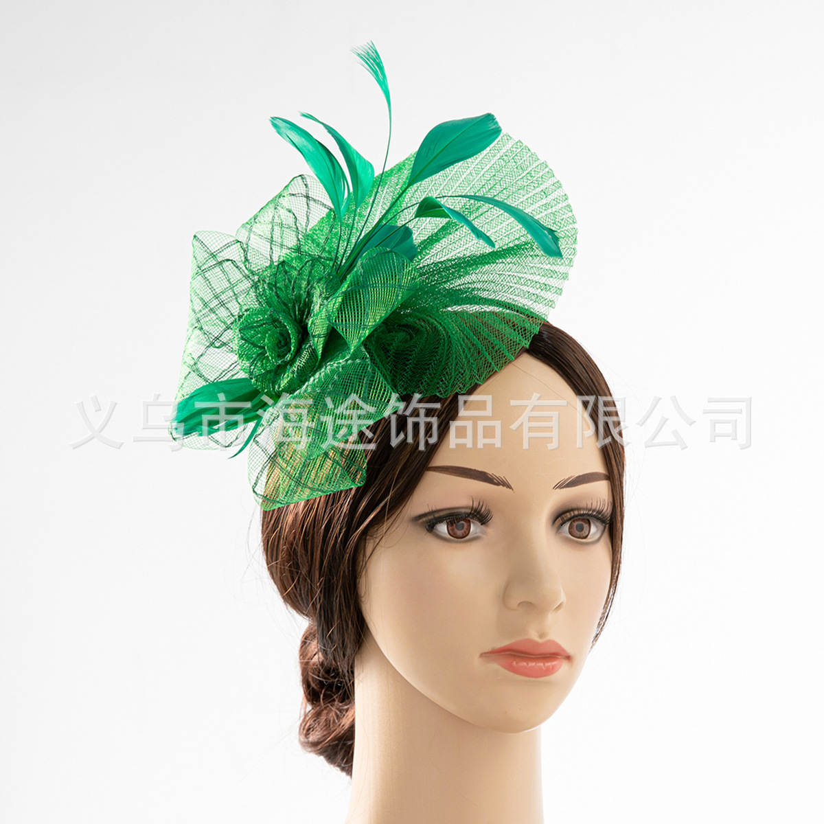 New green gauze feather headdress bride stage performance runway dress accessories night Shanghai hair clip
