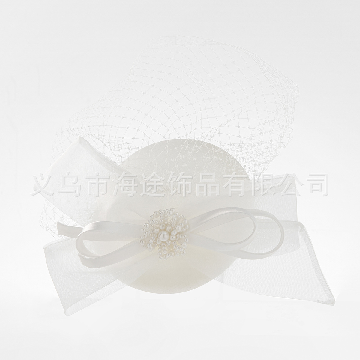 New cross-border white ribbon pearl lace linen hat bottom net gauze elegant headwear for banquets and parties, bride's hair accessory details Picture