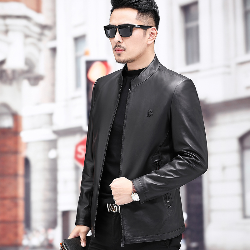 202 New leather men's leather Haining sheep leather jacket stand collar short slim simple coat manufacturers direct sales