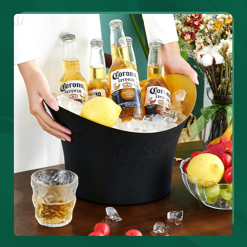 Stainless steel champagne basin, Nordic ice bucket, golden salad basin, champagne bucket, beer bucket, gold ingot, black and gold large ice basin details Picture