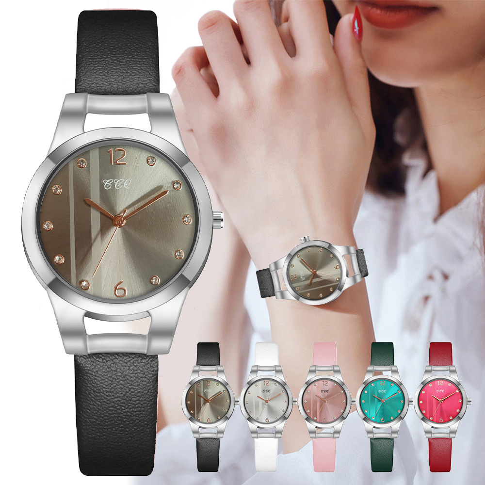 A popular foreign trade women's small leather strap striped dial watch with a fashionable round dial and diamond-dotted casual women's watch