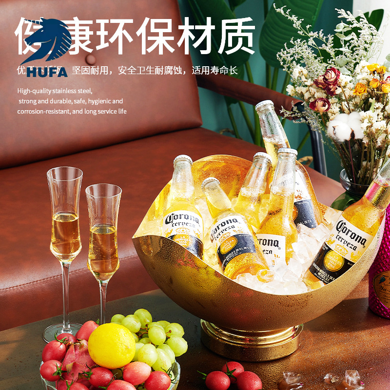 Stainless steel champagne basin, Nordic ice bucket, golden salad basin, champagne bucket, beer bucket, gold ingot, black and gold large ice basin