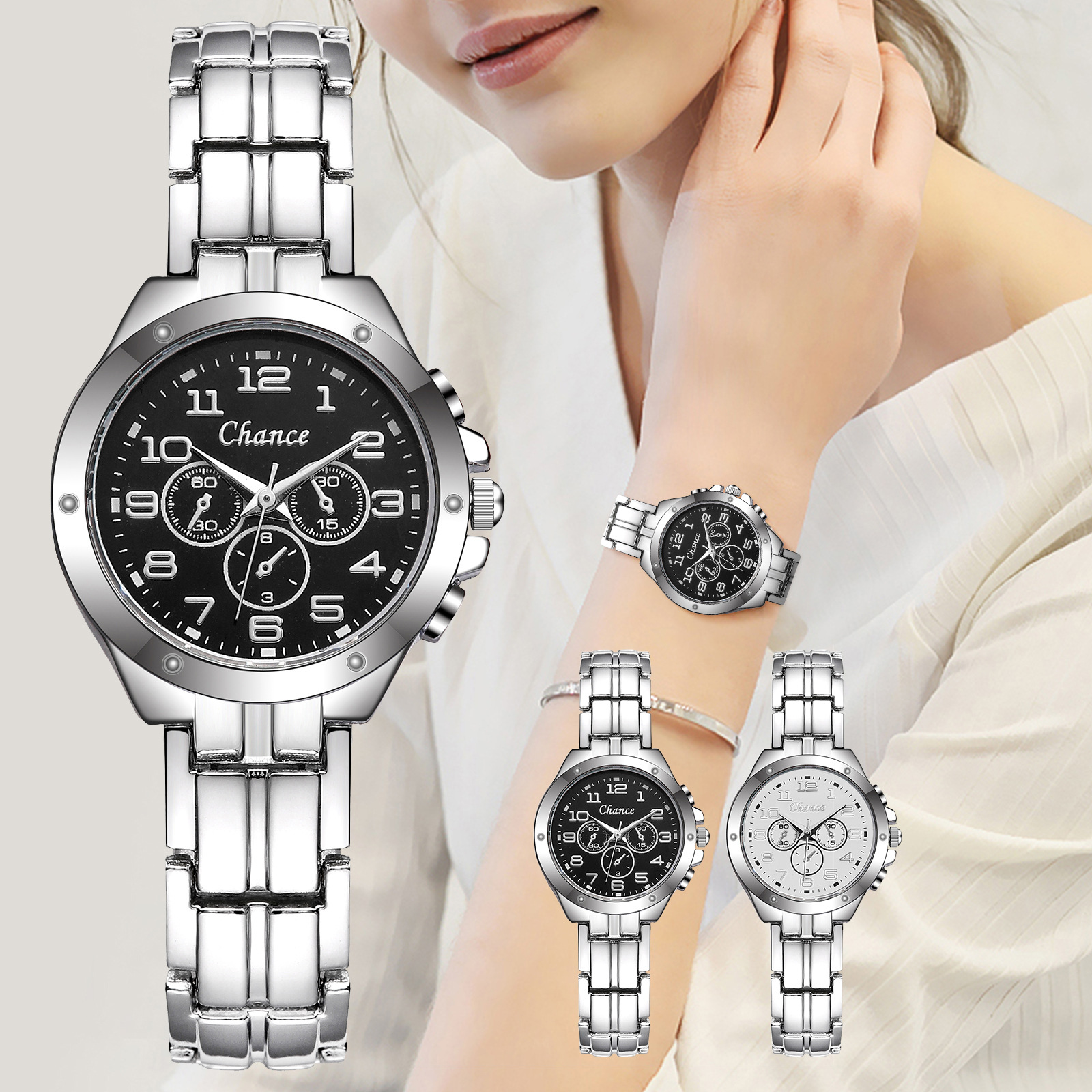 简约时尚数字表盘女士钢带手表Women Watch 商务休闲腕表石英表女