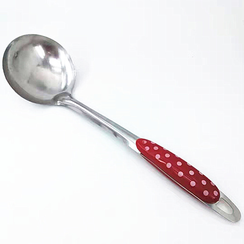 Factory direct supply of stainless steel soup spoons, colored plastic-handled soup spoons, large rice spoons, spatulas, and leaky spatulas. Wholesale for two yuan Item Picture