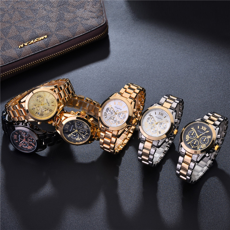 Fashionable men's steel band waterproof calendar men's watch Korean version three-eye Roman dial wristwatch in stock wholesale Item Picture
