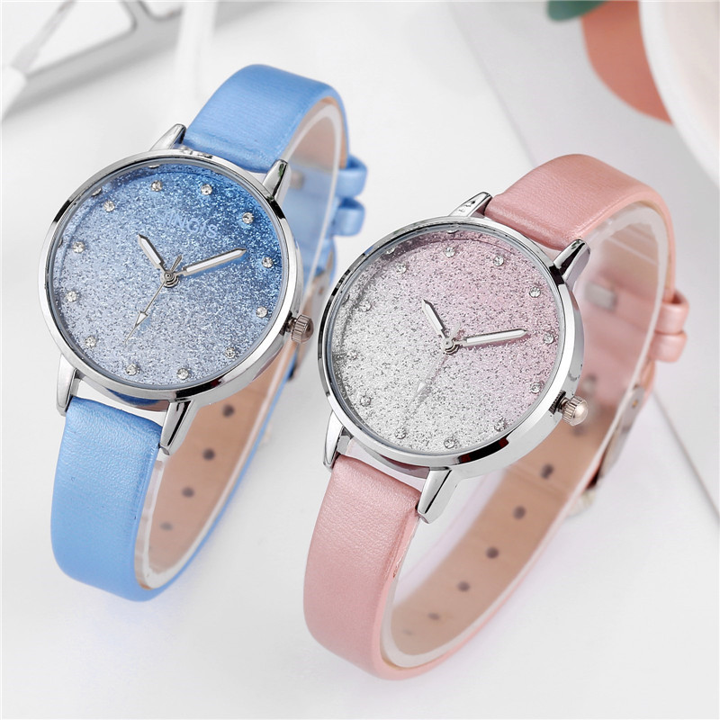 Gradient color starry sky foundation dial women's watch, fine leather strap, simple diamond-encrusted dial women's watch in stock wholesale details Picture