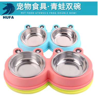 宠物碗塑料卡通青蛙双碗宠物不锈钢碗宠物喂食器猫碗狗盆宠物用品 宠物盆 狗盆猫盆 宠物盆宠物碗 不锈钢宠物盆 宠物食具 、