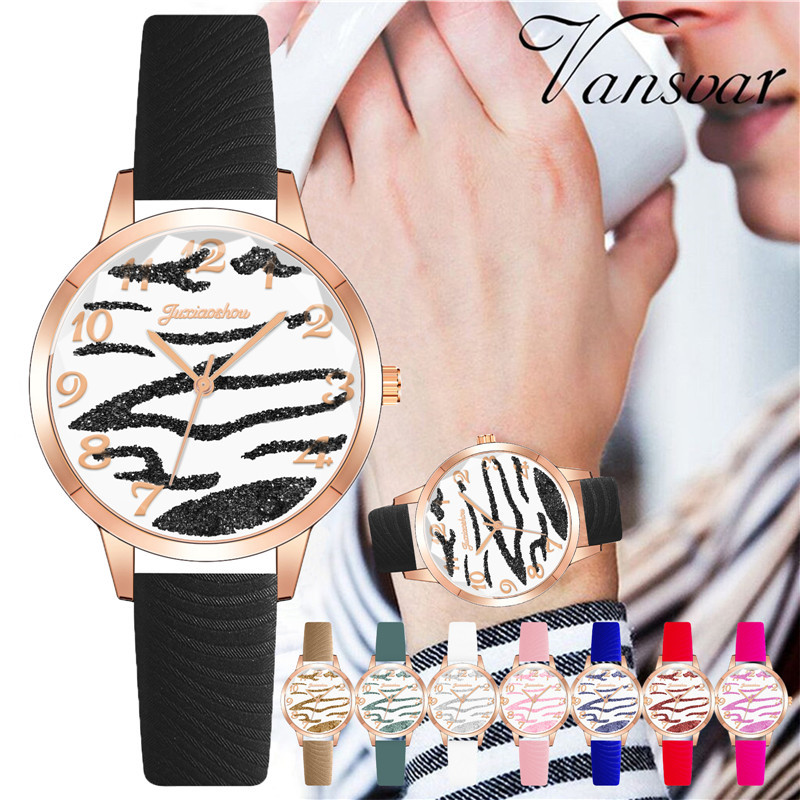 时尚斑马纹皮带女士手表 数字粉底表盘石英女士手表 跨境热卖爆款