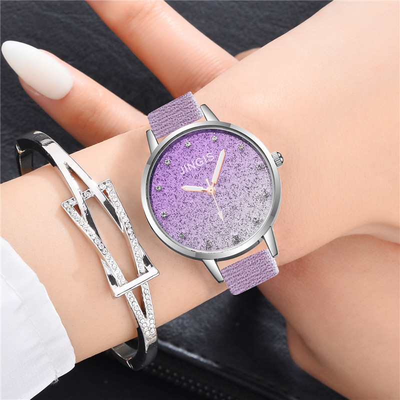 Gradient color starry sky foundation dial women's watch, fine leather strap, simple diamond-encrusted dial women's watch in stock wholesale Item Picture