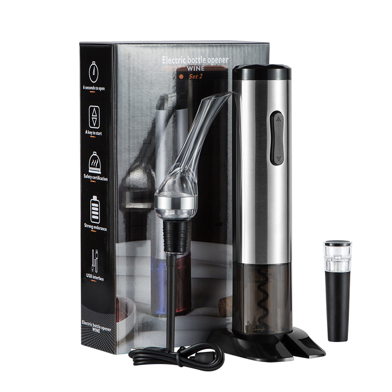 Red wine automatic bottle opener, stainless steel rechargeable electric bottle opening set, usb charging automatic decanter, bottle opening and decanting two-in-one wine set, bar special diamond decanter, quick and convenient details Picture
