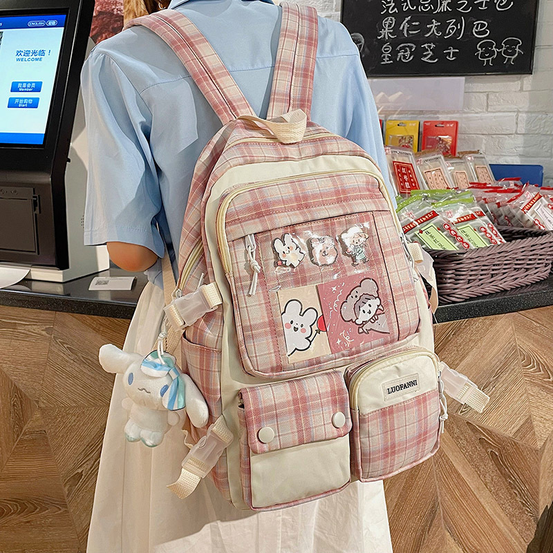 Korean version Sen-department plaid canvas schoolbag female college students simple campus college style junior high school backpack