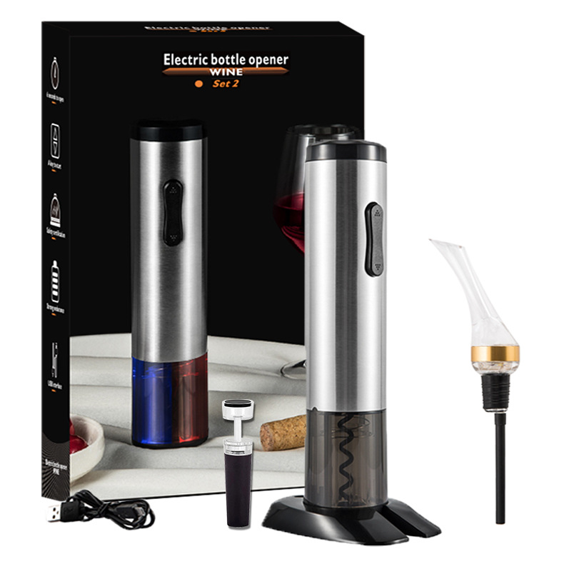Red wine automatic bottle opener, stainless steel rechargeable electric bottle opening set, usb charging automatic decanter, bottle opening and decanting two-in-one wine set, bar special diamond decanter, quick and convenient Specification image