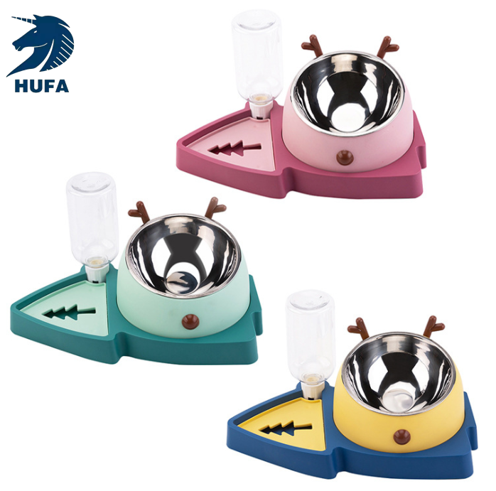 Dog basin, dog bowl, water dispenser, three-in-one Christmas tree, cat bowl, cat basin, double-ear stainless steel, deer mystery pet bowl