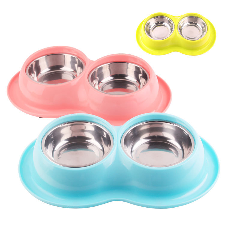 New pet stainless steel double bowl, pet dog bowl, cat termite-proof cat bowl, large food bowl, family-specific, pet-specific, universal food bowl for cats and dogs, pet supplies, stainless steel plastic pet double bowl, anti-splashing Item Picture