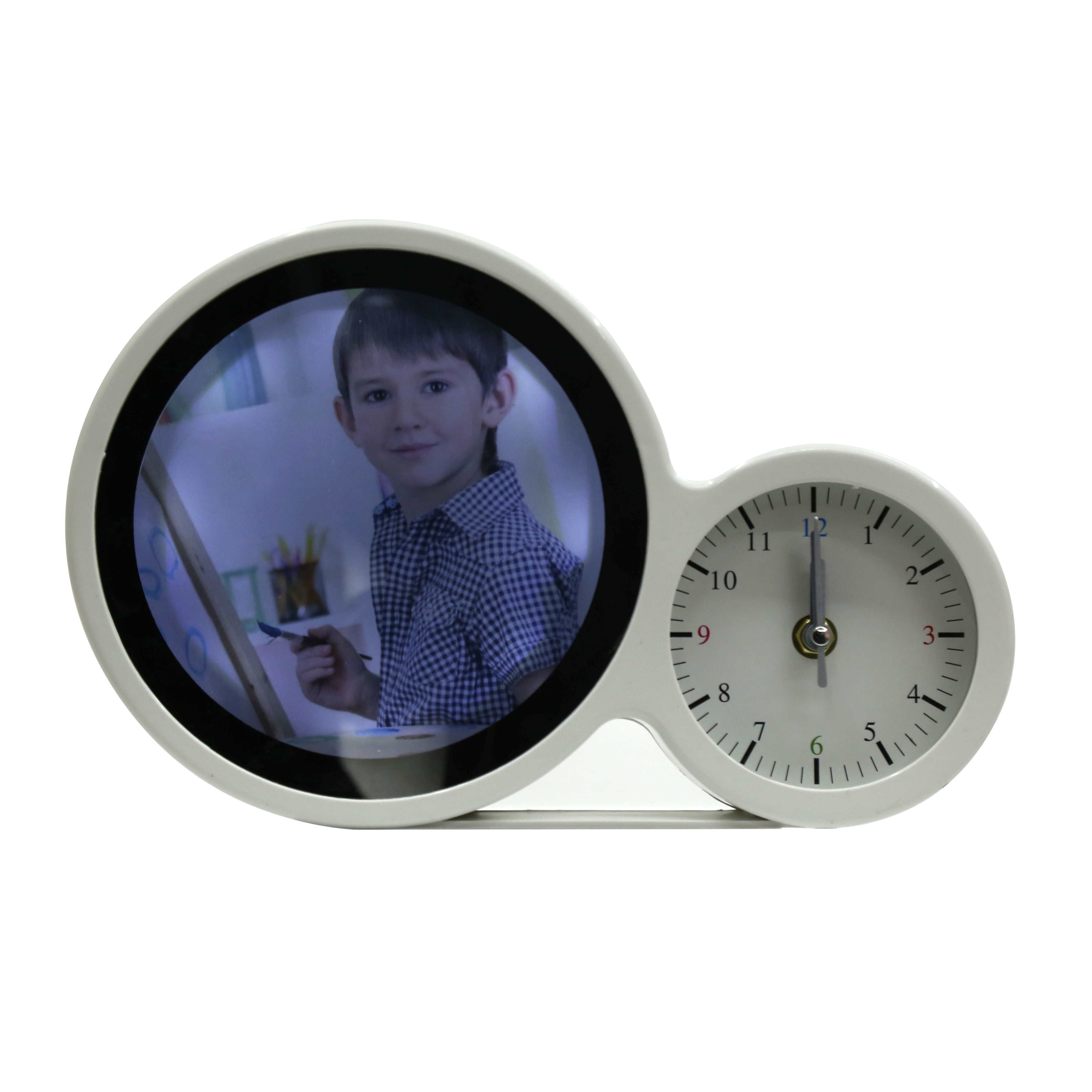 Creative composite wooden desktop decoration, round mini photo frame with light, alarm clock, photo frame, photo washing with battery Item Picture