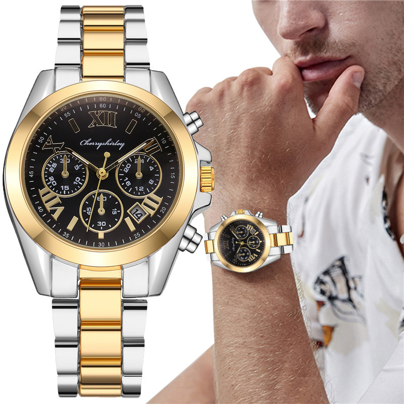 Fashionable men's steel band waterproof calendar men's watch Korean version three-eye Roman dial wristwatch in stock wholesale