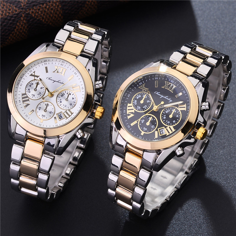 Fashionable men's steel band waterproof calendar men's watch Korean version three-eye Roman dial wristwatch in stock wholesale Specification image
