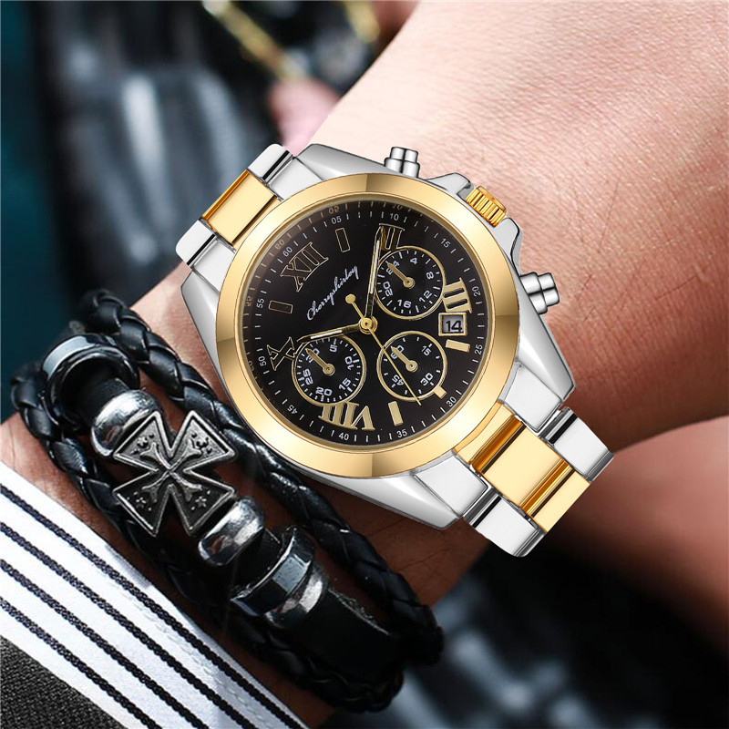 Fashionable men's steel band waterproof calendar men's watch Korean version three-eye Roman dial wristwatch in stock wholesale details Picture