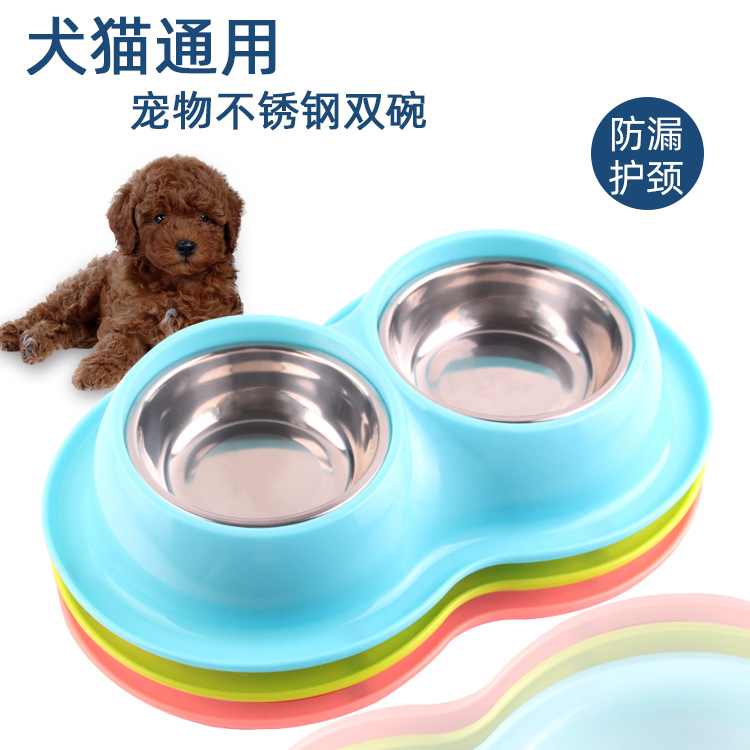 New pet stainless steel double bowl, pet dog bowl, cat termite-proof cat bowl, large food bowl, family-specific, pet-specific, universal food bowl for cats and dogs, pet supplies, stainless steel plastic pet double bowl, anti-splashing details Picture