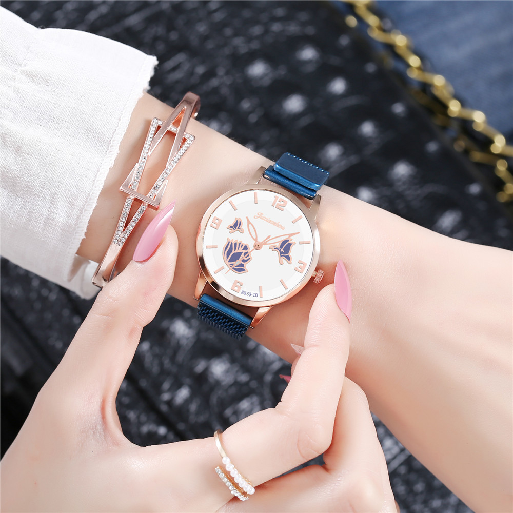 Wholesale of the new stainless steel mesh strap butterfly digital quartz watch with simple three-hand design for women details Picture