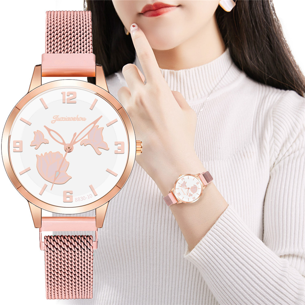 Wholesale of the new stainless steel mesh strap butterfly digital quartz watch with simple three-hand design for women